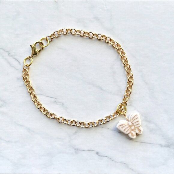White Butterfly Charm Gold Chain Bracelet - Picture 5 of 5